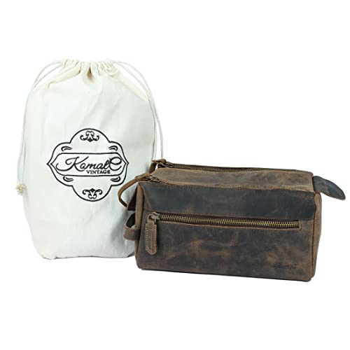 Premium Buffalo Leather - Unisex Toiletry Dopp Travel Bag - Distressed Tan