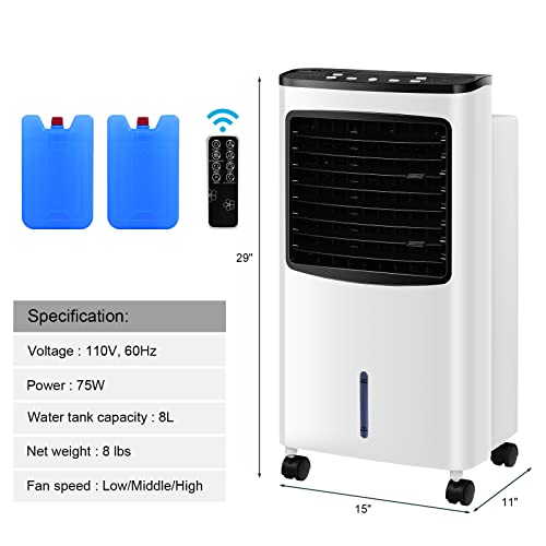 PETSITE Portable Air Conditioner Fan - 3-in-1 Evaporative Air Cooler with Remote Control - 2 Ice Packs & 8L Water Tank - 3 Speeds, 7.5H Timer