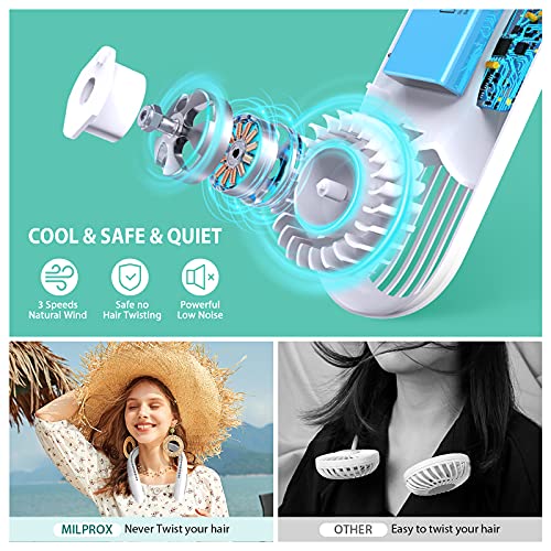 MILPROX F4 Portable Neck Fan - Rechargeable Hands Free Bladeless Personal Mini Fans - 3 Speeds 70 Air Outlet - Adjustable Cooling Fan - White