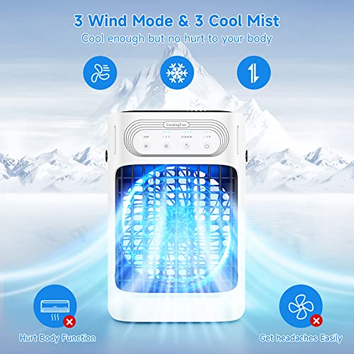 Portable Air Conditioners, TIOKVIOP Evaporative Air Cooler [Upgraded 10W & 3 Cool Mist] 3 in 1, 3 Wind Speed & 7 LED Light, 2-8H Timer...