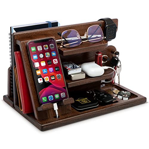 TESLYAR Wood Phone Docking Station - Nightstand Desk Organizer - Key & Wallet Holder