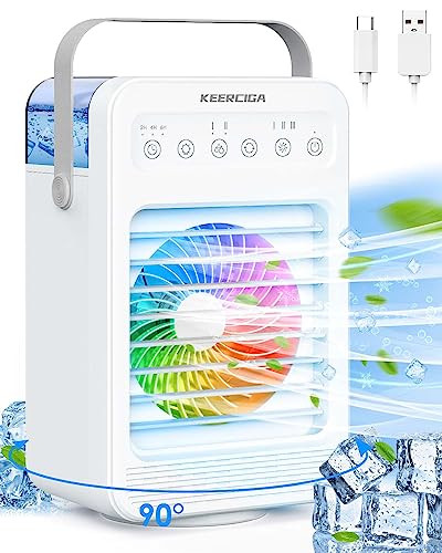 4 in 1 Portable Air Conditioner with Timer - 90° Rotation - 4 Speed Fan & 2 Cool Mist - 7 Colors LED Light - USB